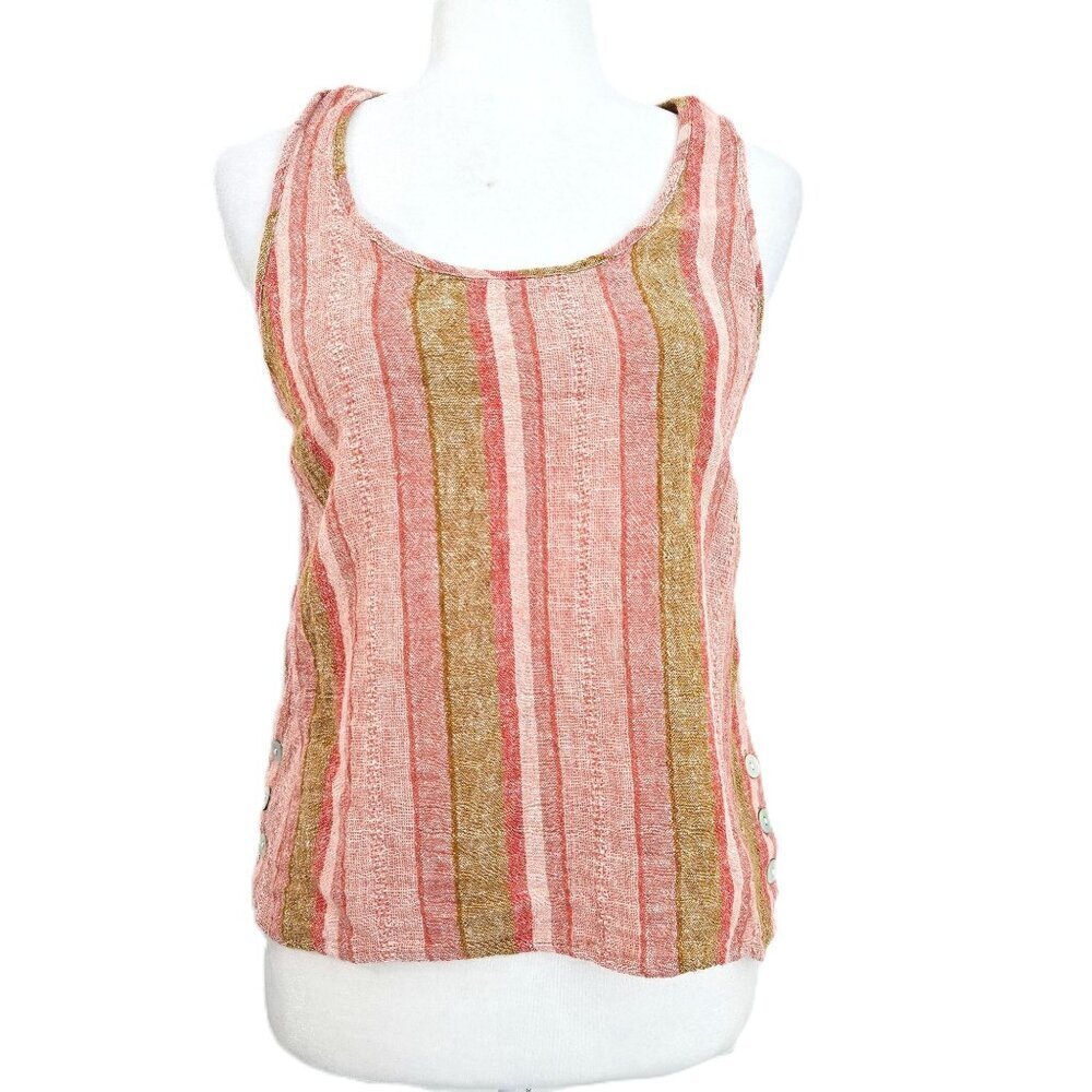 Drew Terracota Tan Striped Linen Blend Lagenlook Sleeveless Pearl Top Women M